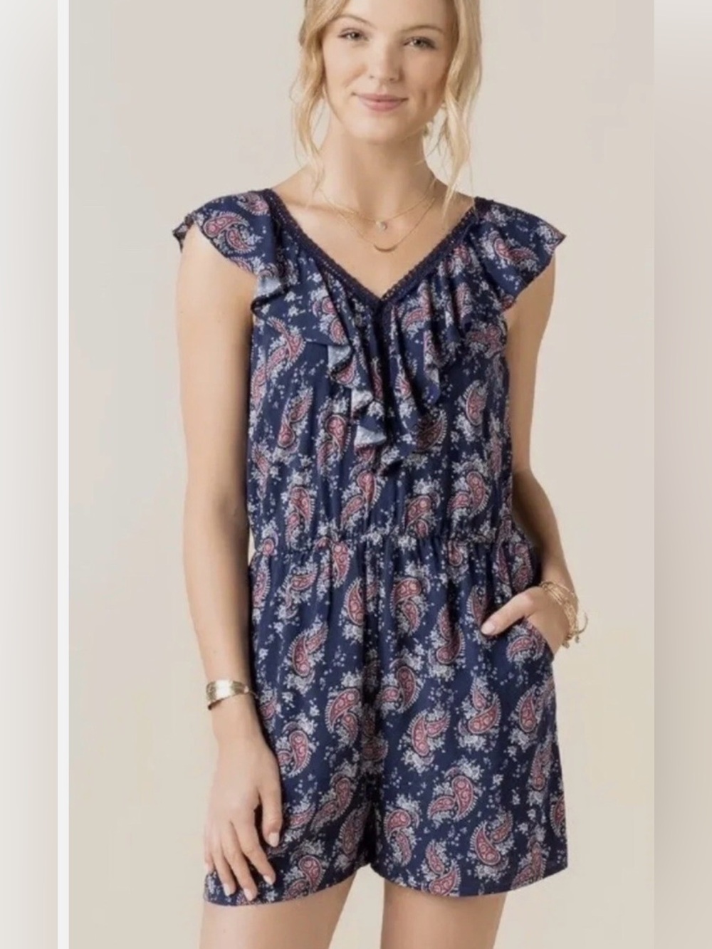 Alya Navy Paisley Ruffle Neck Romper